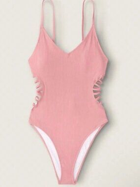 Nwt PINK Victorias Secret Cut Out Strappy Side Ribbed One Piece Swimsuit L Pink